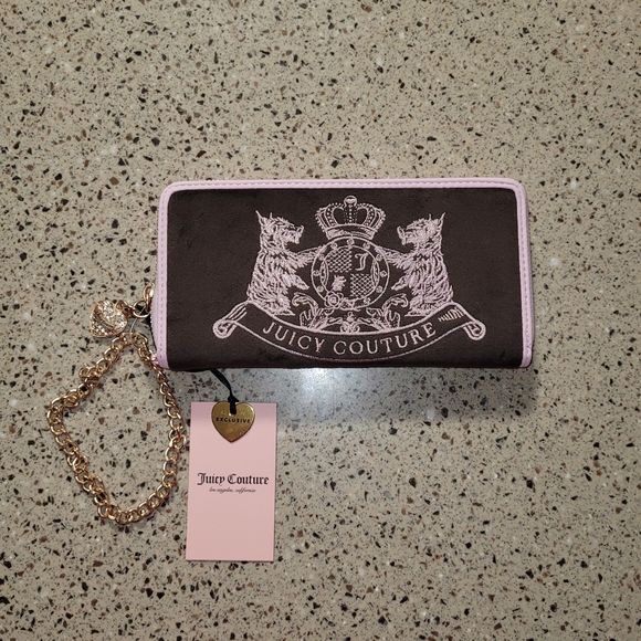 Juicy Couture Brown Velour Pink Trim Rectangle Wallet Y2K Crown Scottie Dog Logo - Picture 2 of 15
